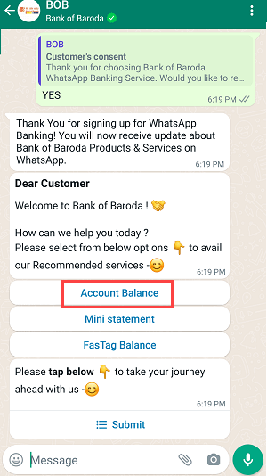 Check Bank of Baroda Account Balance on WhatsApp