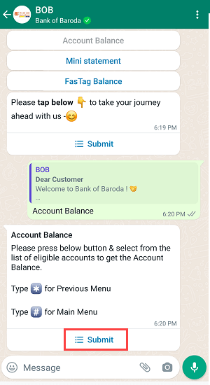 Check Bank of Baroda Account Balance on WhatsApp