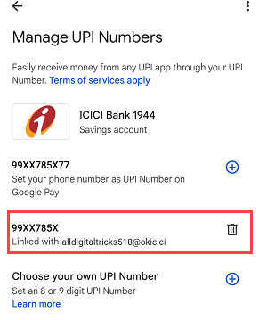 Google Pay create UPI number