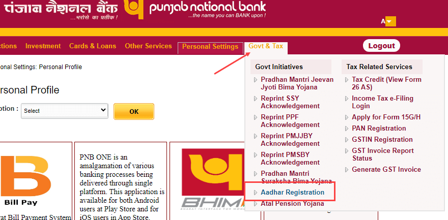 Punjab National Bank (PNB) account Aadhaar link status