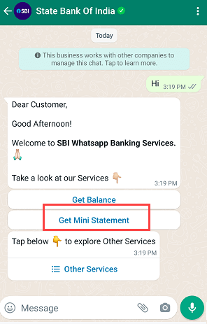 SBI Account Last 10 Transaction Details on WhatsApp