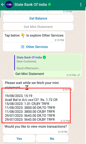 SBI Account Last 10 Transaction Details on WhatsApp