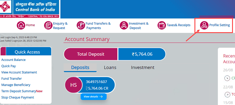Register New Mobile Number Online with Central Bank of India