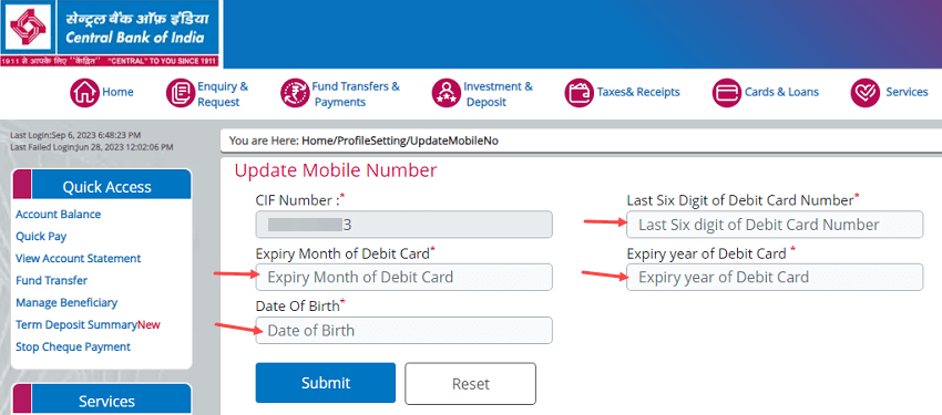 Register New Mobile Number Online with Central Bank of India