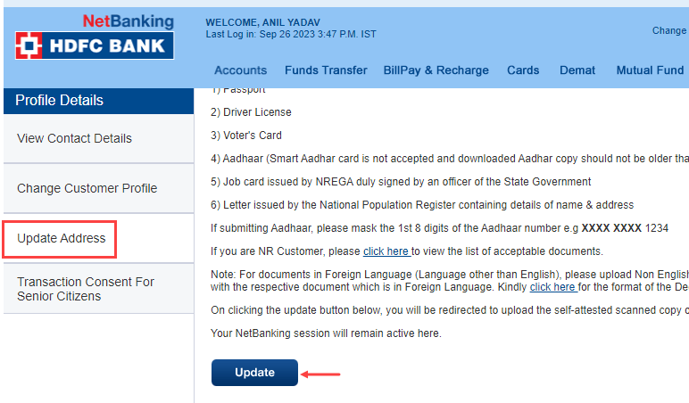 Change HDFC Bank Account Address Online