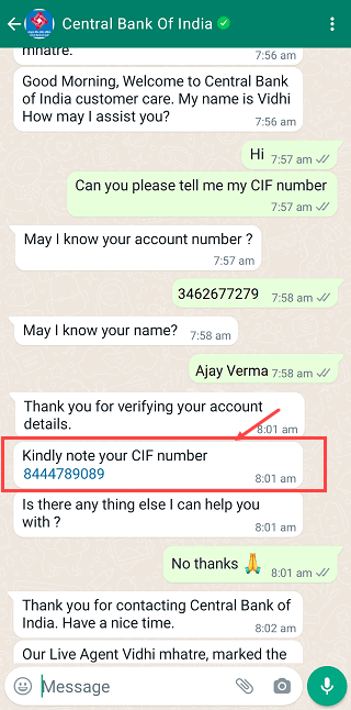 Check Central Bank of India CIF Number