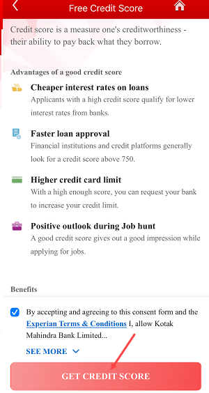 Check Free CIBIL Score or Credit Score Kotak Mobile Banking