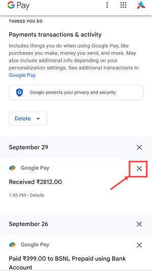 GooglePay Delete transaction history