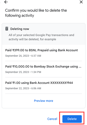 GooglePay Delete transaction history