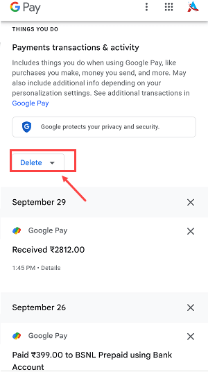 GooglePay Delete transaction history
