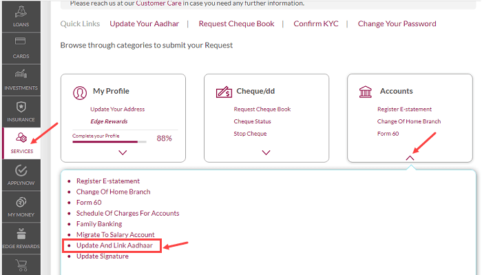 Use Net Banking to Link Aadhaar with your Axis Bank Account