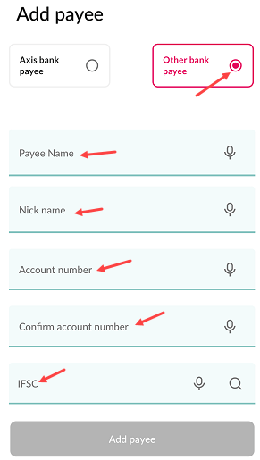 Add Payee for IMPS Fund Transfer on Axis Mobile Banking
