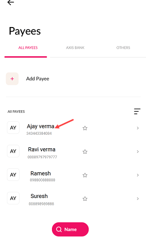Add Payee for IMPS Fund Transfer on Axis Mobile Banking