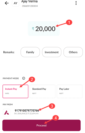 Transfer Money To the Payee Account using IMPS on Axis Mobile