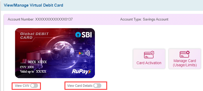 SBI Virtual Debit Card Details Like Card Number, CVV and expiry
