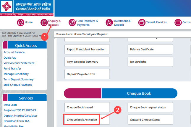 Activate Online New Cheque Book of Central Bank of India Account