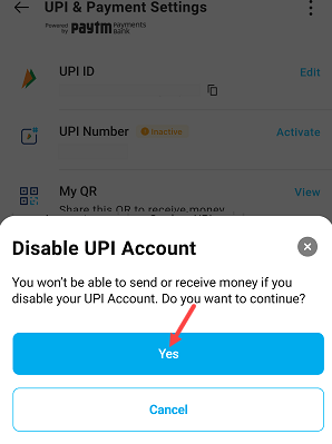 Paytm delete UPI account