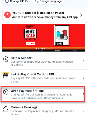 Paytm UPI payment settings