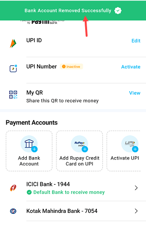 Paytm unlink remove bank account