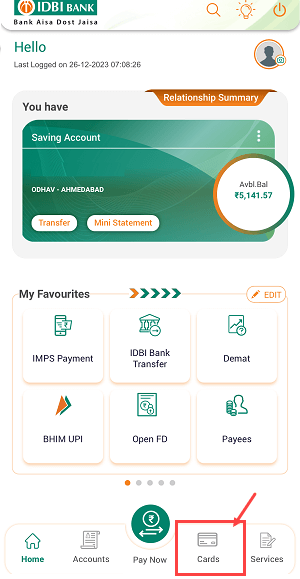 IDBI Bank Mobile Banking Cards section