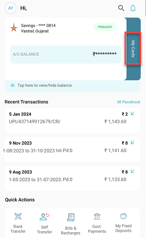 Bank of India (BOI) My Cards section