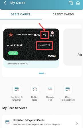 Bank of India (BOI) My Cards section