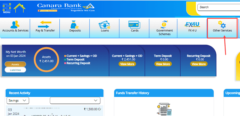 canara net banking other services
