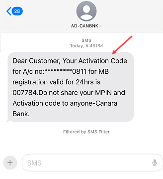 Get Canara Mobile Banking Activation Code online via SMS