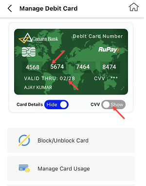 Check Canara Bank Debit Card Number, Expiry Date & CVV Online on Mobile Banking