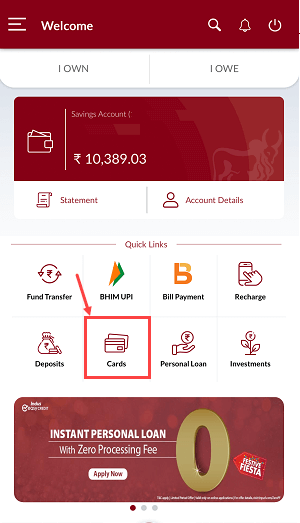 IndusInd Mobile Banking Cards section