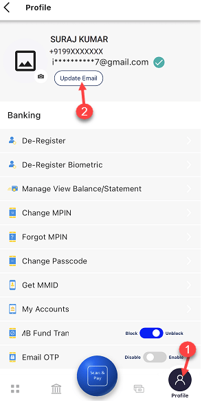 Change Canara Bank Account Registered Email ID online on Mobile Banking
