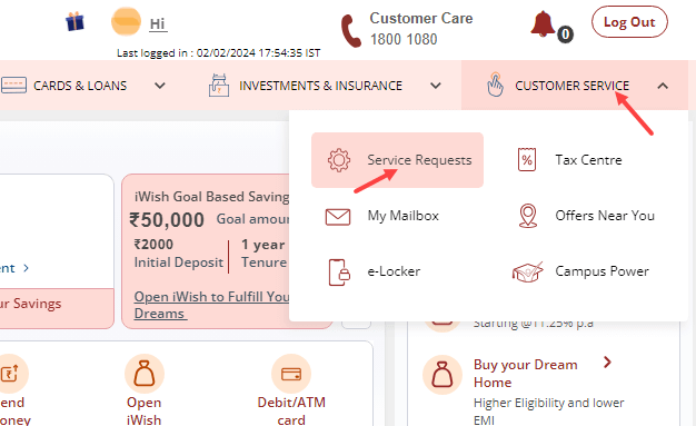 ICICI Net Banking service Request