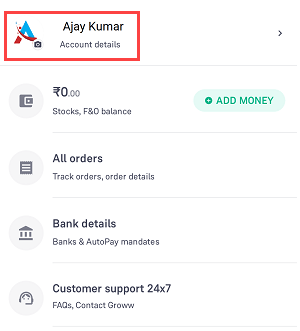 Groww App profile settings