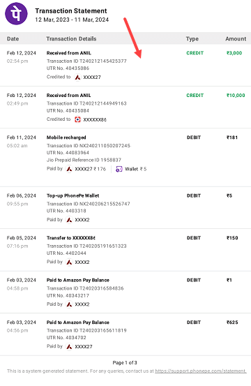 PhonePe UPI Transactions Statement