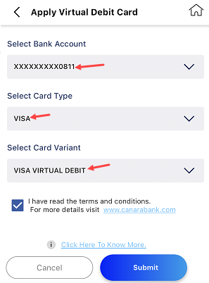 Canara Create Apply Virtual Debit Card