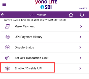 Activate/Deactivate UPI Service for SBI Account from YONO Lite