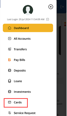 Indian Bank IndSMART Mobile Banking Cards option