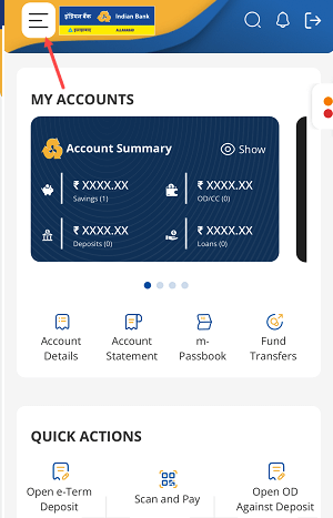 Indian Bank IndSMART Mobile Banking Menu option