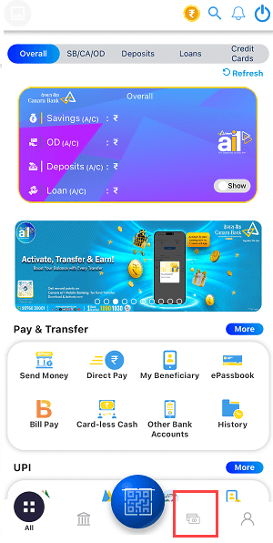 canara mobile banking cards section