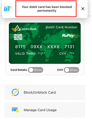 Permanently Block Canara Bank ATM/Debit Card Online from Mobile Banking