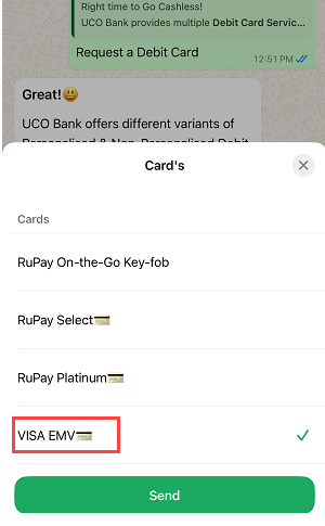 Apply for UCO Bank ATM/Debit Card Online via WhatsApp