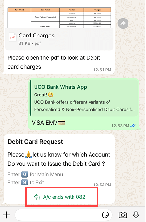 Apply for UCO Bank ATM/Debit Card Online via WhatsApp