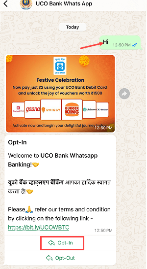 Apply for UCO Bank ATM/Debit Card Online via WhatsApp