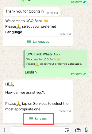 Apply for UCO Bank ATM/Debit Card Online via WhatsApp