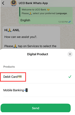 Apply for UCO Bank ATM/Debit Card Online via WhatsApp