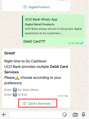 Apply for UCO Bank ATM/Debit Card Online via WhatsApp