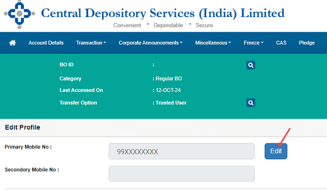Change or Update Your Registered Mobile Number Online in a CDSL Demat Account