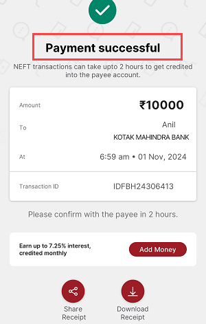 NEFT Transfer in IDFC First Bank Account from Mobile Banking