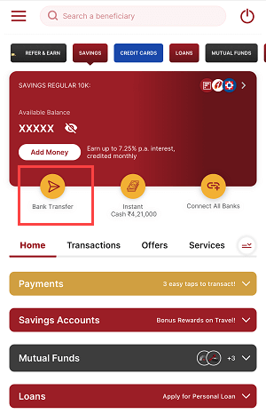 NEFT Transfer in IDFC First Bank Account from Mobile Banking