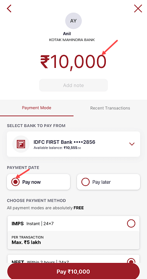 NEFT Transfer in IDFC First Bank Account from Mobile Banking